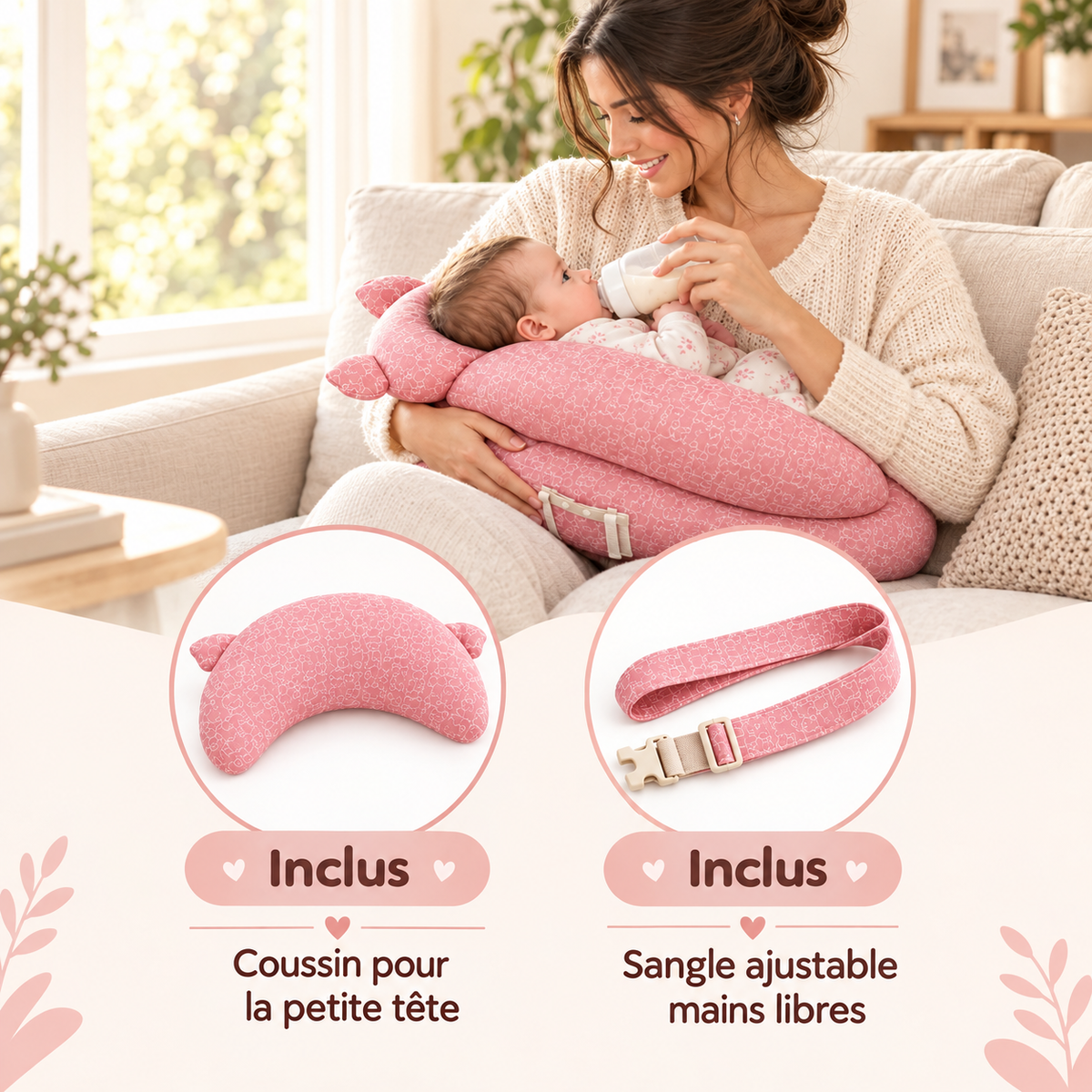 Belluvia Câlin – Coussin d'allaitement avec sangle réglable et cale-tête bébé