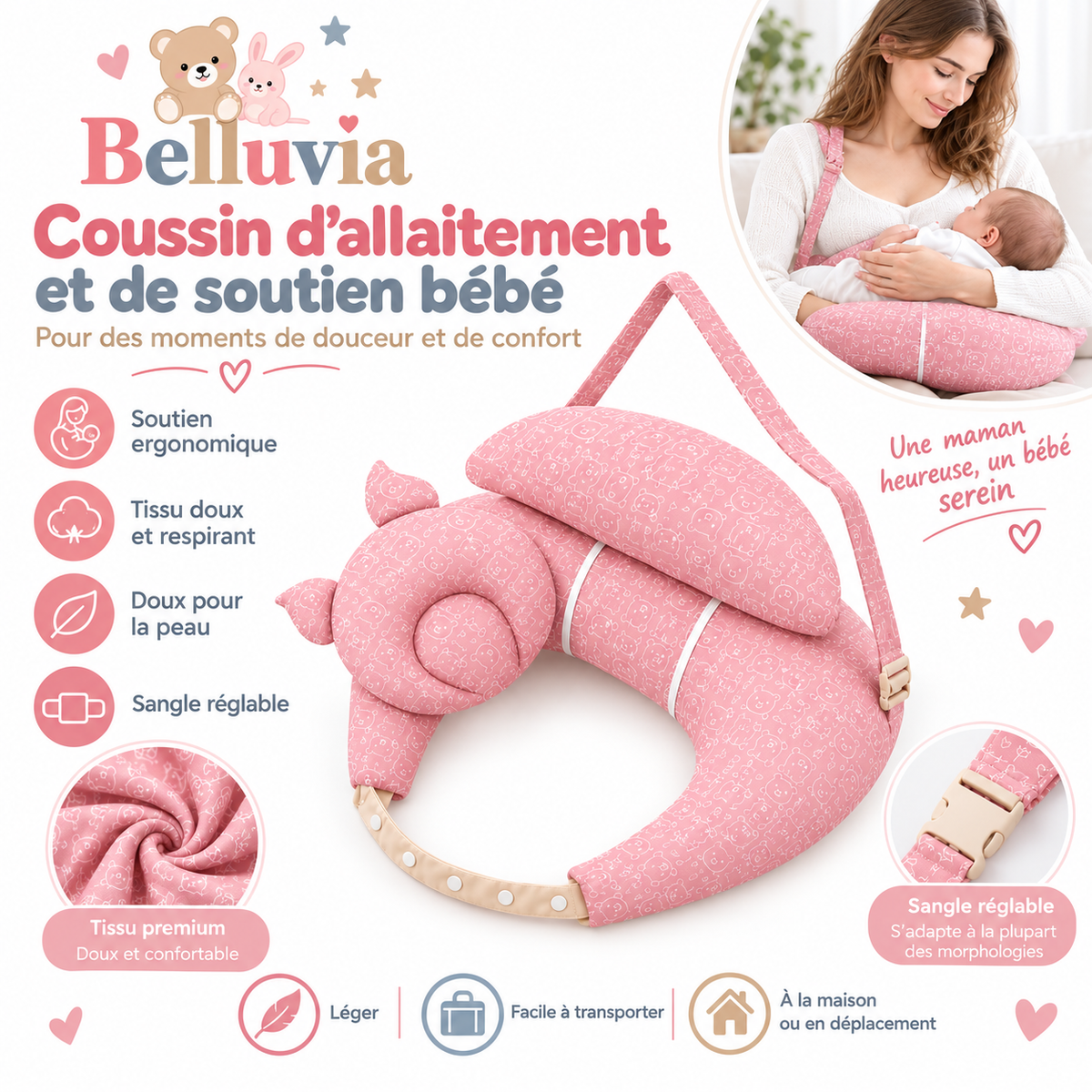 Belluvia Câlin – Coussin d'allaitement avec sangle réglable et cale-tête bébé