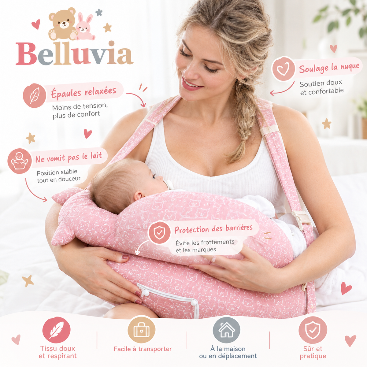 Belluvia Câlin – Coussin d'allaitement avec sangle réglable et cale-tête bébé